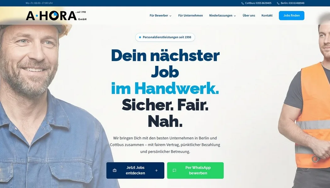 Die von Koala Crunch gebaute Startseite von A.HORA (Desktop-Ansicht)